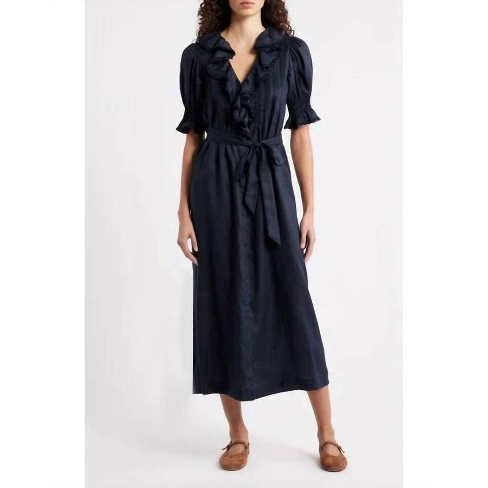 NEW DÔEN harriette tie-waist a-line midi-dress in night sky